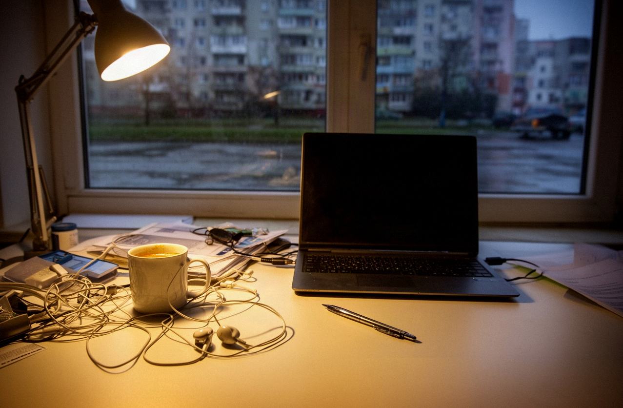 Biurko analityka marketingowego wieczorem, laptop odwrócony ekranem od aparatu, kubek kawy i słuchawki