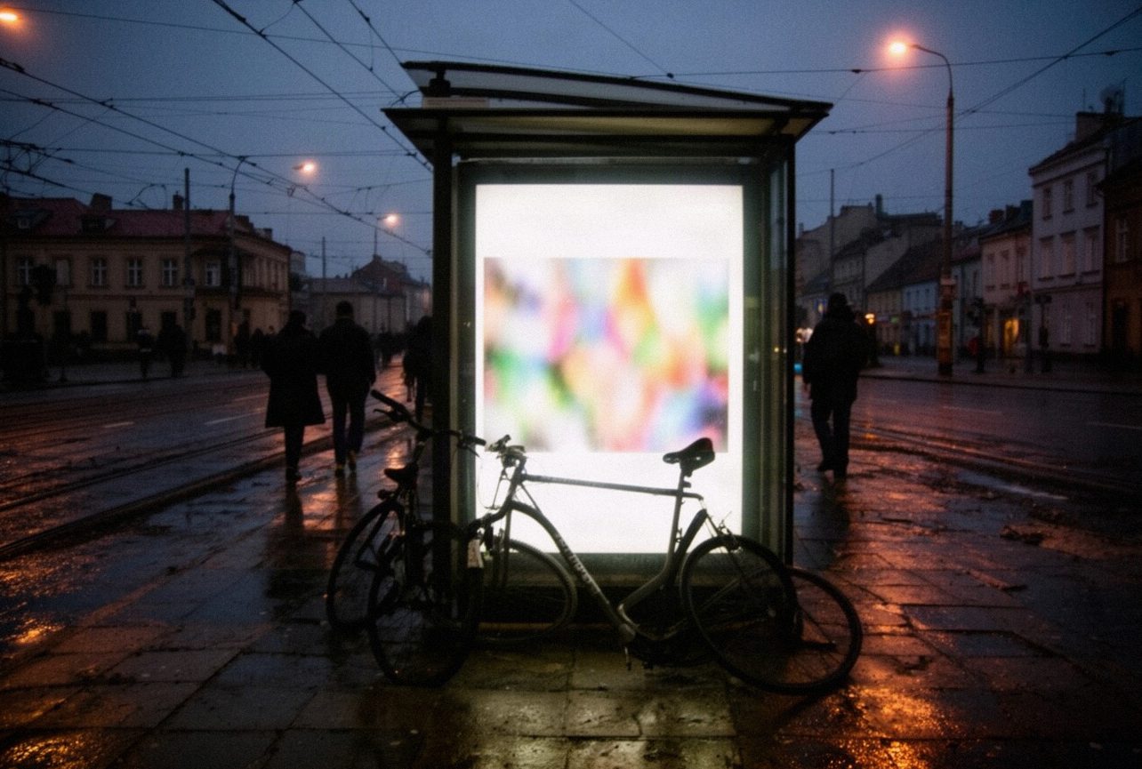 Przystanek w polskim mieście o zmierzchu, przechodnie mijają podświetlany nośnik reklamowy